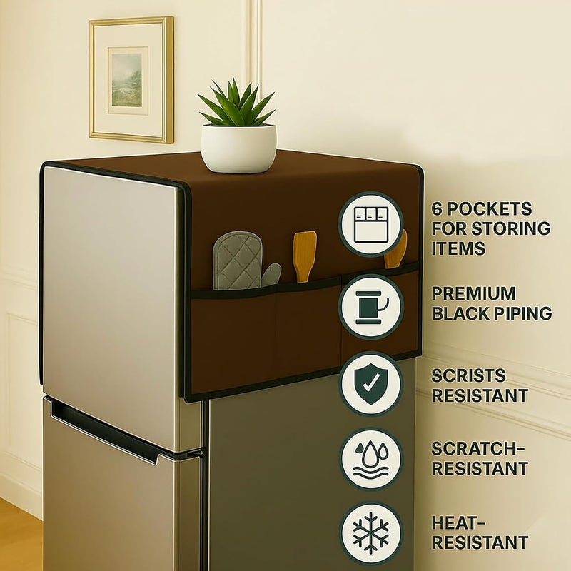 Fancy Walas Refrigerator Single Door Waterproof, Dustproof, Refrigerator Top Cover, Protective Cover for Fridges with Extra Storage Space Nylon Top cover with 6 Storage Pockets ( Coffee, 130 x 54 cm ) - Image 4