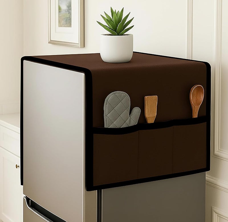 Fancy Walas Refrigerator Single Door Waterproof, Dustproof, Refrigerator Top Cover, Protective Cover for Fridges with Extra Storage Space Nylon Top cover with 6 Storage Pockets ( Coffee, 130 x 54 cm ) - Image 1