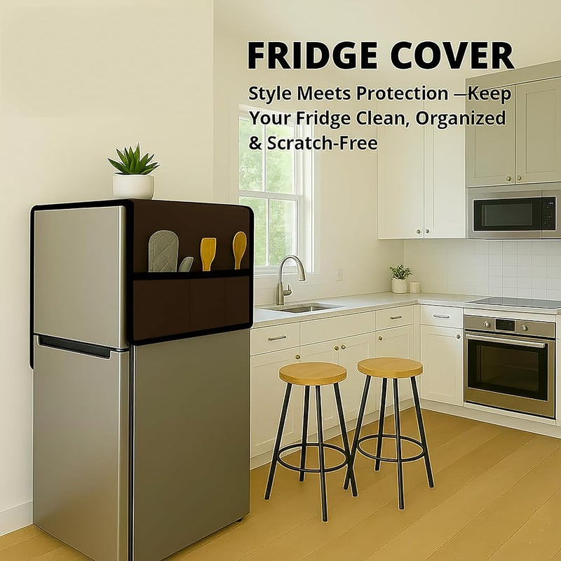 Fancy Walas Refrigerator Single Door Waterproof, Dustproof, Refrigerator Top Cover, Protective Cover for Fridges with Extra Storage Space Nylon Top cover with 6 Storage Pockets ( Coffee, 130 x 54 cm ) - Image 5