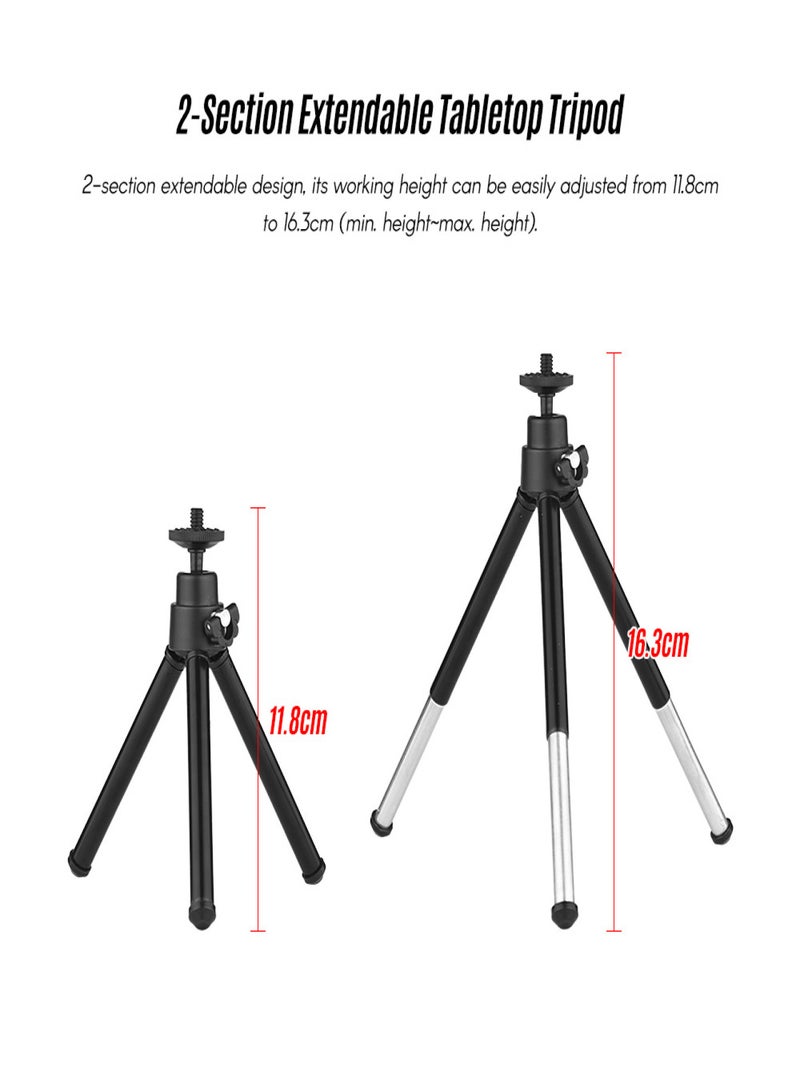 2-Section Extendable Aluminum Alloy Mini Tabletop Tripod + Adjustable Phone Holder with 1/4" Screw Mounts for 5.5-8.5cm Width Smartphones  - Image 5