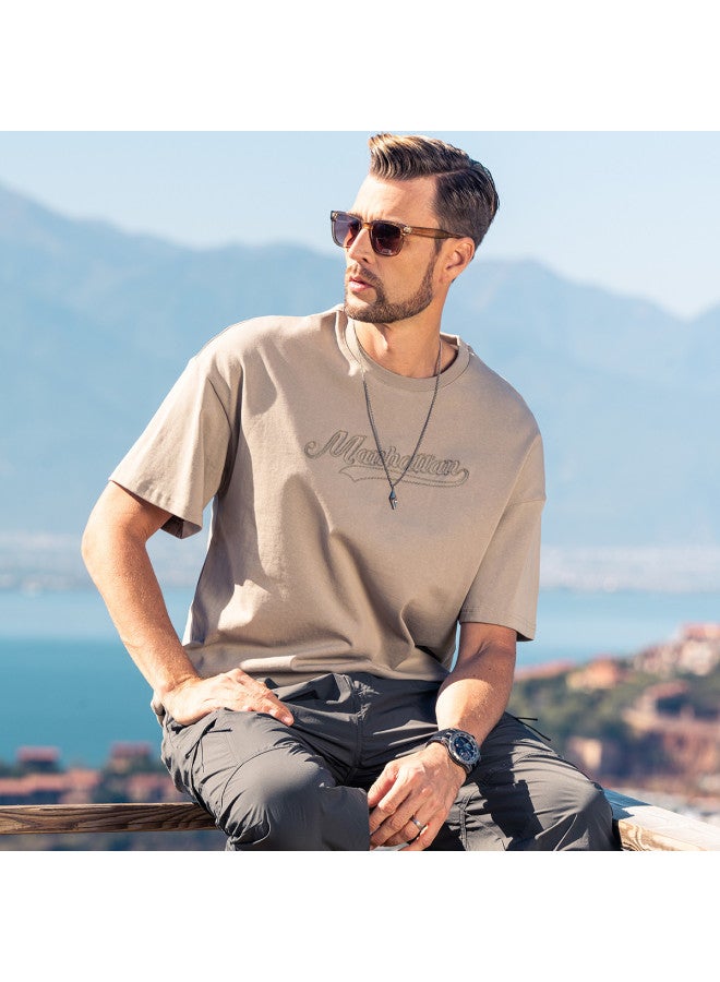 Cotton】oversized Drop Shoulder Short Sleeve T-shirt For Men, Youth 2025 Summer Embroidered Men's Tee - Image 2