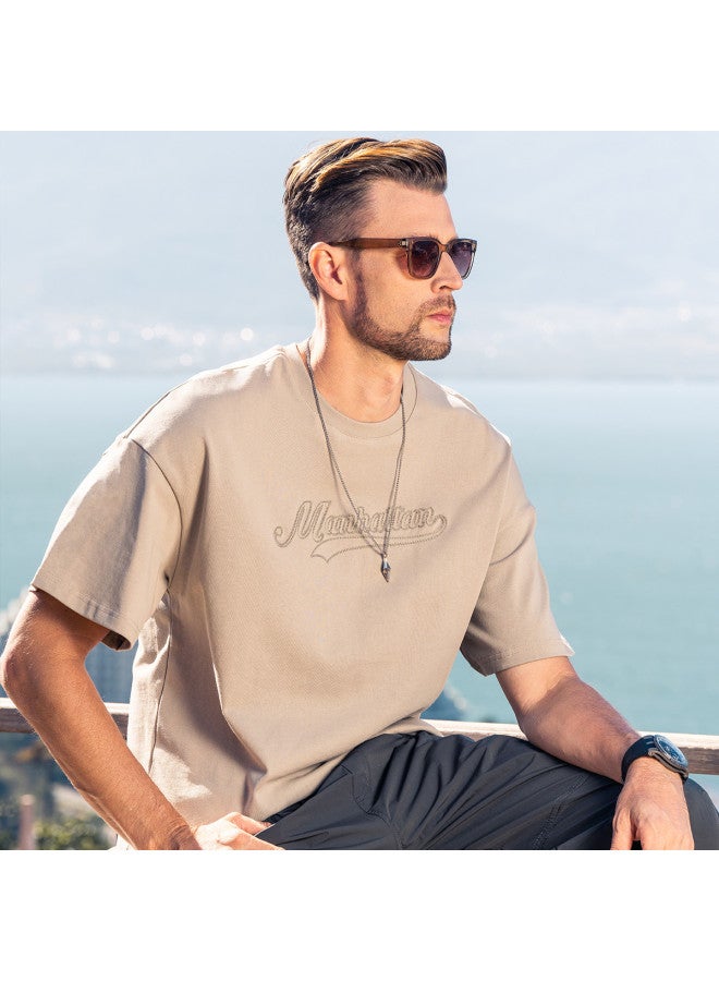 Cotton】oversized Drop Shoulder Short Sleeve T-shirt For Men, Youth 2025 Summer Embroidered Men's Tee - Image 4