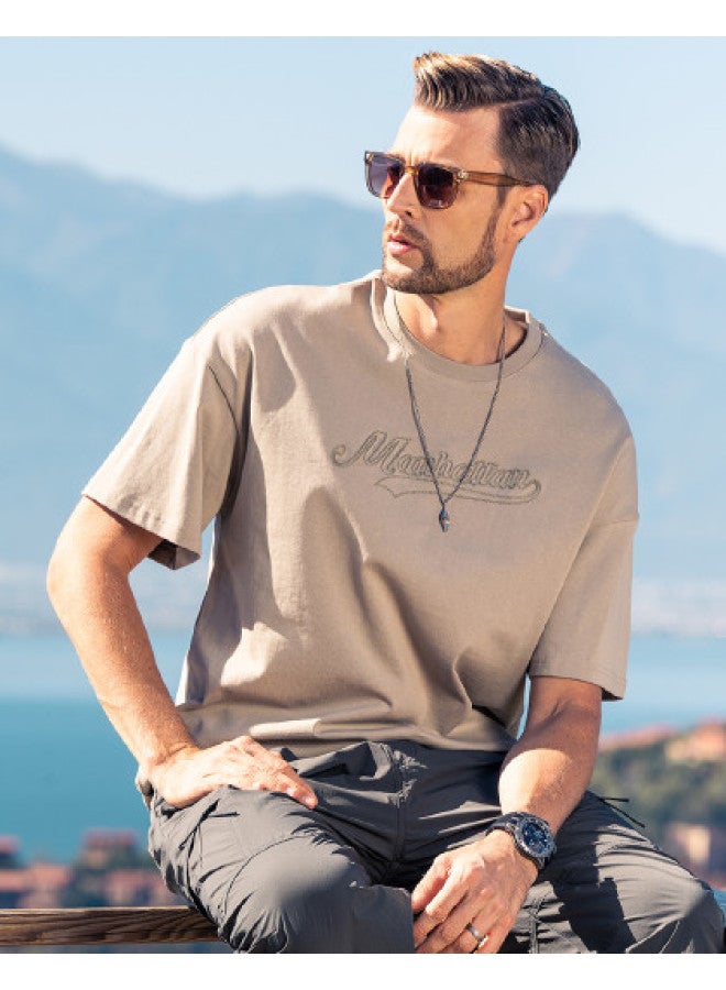 Cotton】oversized Drop Shoulder Short Sleeve T-shirt For Men, Youth 2025 Summer Embroidered Men's Tee - Image 1