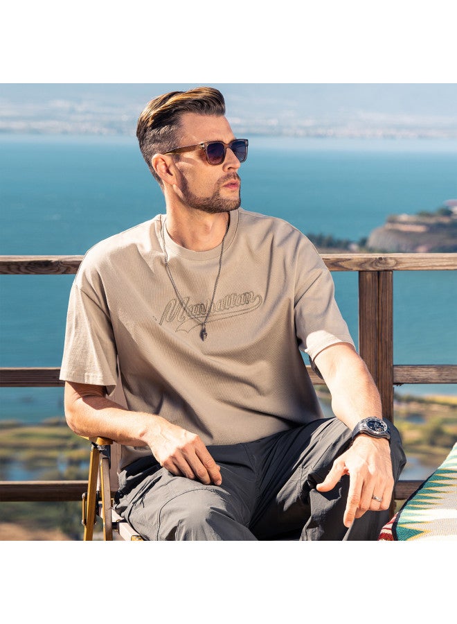 Cotton】oversized Drop Shoulder Short Sleeve T-shirt For Men, Youth 2025 Summer Embroidered Men's Tee - Image 3