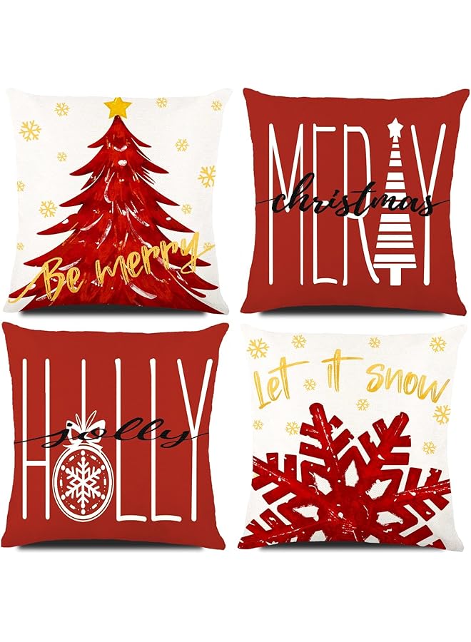 The Bros أغطية وسائد عيد الميلاد 4 قطع 18x18 بوصة أغطية وسائد شتوية حمراء شجرة عيد الميلاد الثلجية أغطية وسائد ذهبية دعها تتساقط الثلوج زينة للمنزل في العطلات للكنبة - Image 1