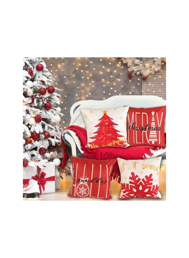 The Bros أغطية وسائد عيد الميلاد 4 قطع 18x18 بوصة أغطية وسائد شتوية حمراء شجرة عيد الميلاد الثلجية أغطية وسائد ذهبية دعها تتساقط الثلوج زينة للمنزل في العطلات للكنبة - Image 5