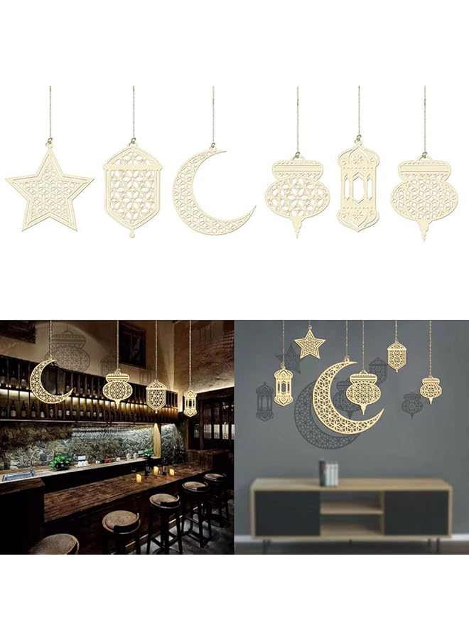 The Bros (6 قطع) زينة عيد رمضان المبارك الإسلامية، فوانيس خشبية معلقة، زينة، لافتة، زينة للمسلمين، لزينة المنزل، رمضان مبارك سعيد، مستلزمات ديكور الجدران DIY - Image 1