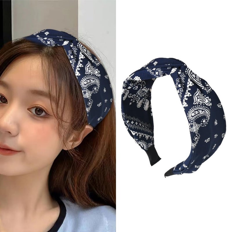 Guqqeuc Knotted Bandana Headband Paisley Boho Hairband for Women Girls Pattern Turban Head Bands for Women Wide Twist Hair Bands for Short Long Hair Accessories Navy Blue