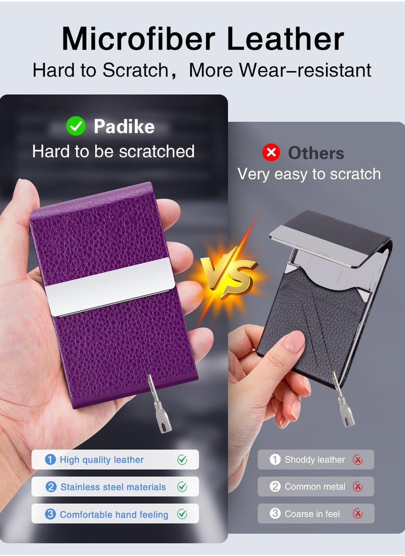 spa luxetique PU Leather Business Card Holder for Women Slim Pocket Business Name Card Holder Stainless Steel Business Card Case with Magnetic Shut (Purple)  - Image 3