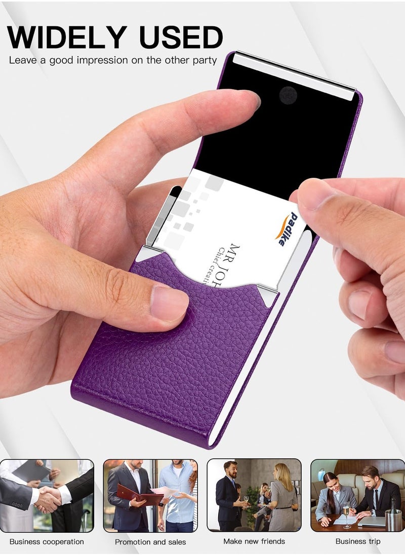 spa luxetique PU Leather Business Card Holder for Women Slim Pocket Business Name Card Holder Stainless Steel Business Card Case with Magnetic Shut (Purple)  - Image 5