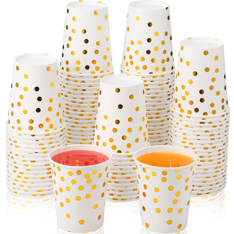 Sieral 100 Pcs White Disposable Paper Cups 9 oz Gold Foil Dot Disposable Cups Bulk for Wedding Birthday Dinner Party Supplies