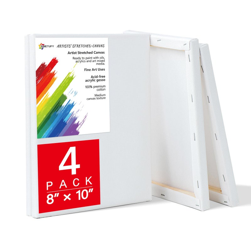 Simetufy 4 Pack Stretched Canvas for Painting 8x10 Inch, 100% Cotton Blank Art Canvases for Acrylic or Oil Paint, Pre-Primed, 5/8 Inch Profile - Image 1