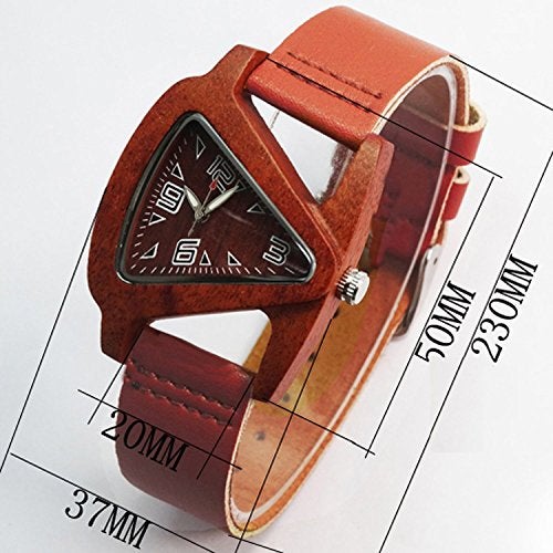 HJIAN Wood Watches Triangle Red Wooden Watches with Leather Band Quartz Wrist Watch Bracelet for Women - Image 3