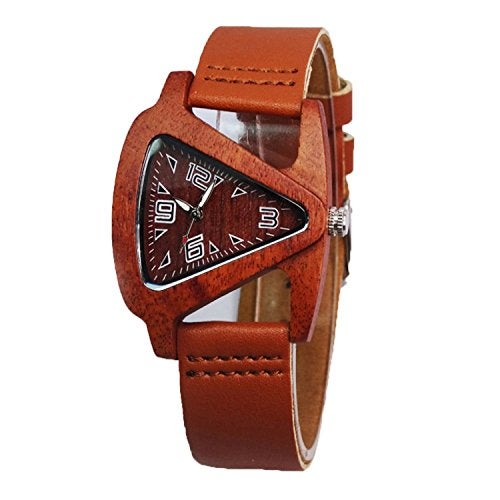 HJIAN Wood Watches Triangle Red Wooden Watches with Leather Band Quartz Wrist Watch Bracelet for Women - Image 1