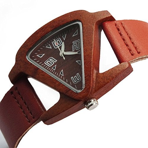 HJIAN Wood Watches Triangle Red Wooden Watches with Leather Band Quartz Wrist Watch Bracelet for Women - Image 2