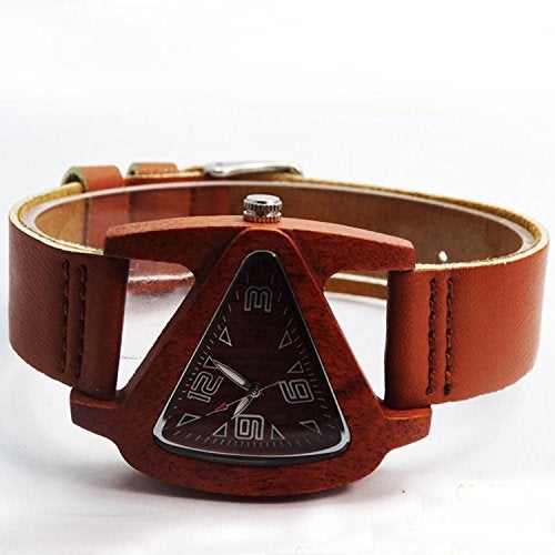 HJIAN Wood Watches Triangle Red Wooden Watches with Leather Band Quartz Wrist Watch Bracelet for Women - Image 4