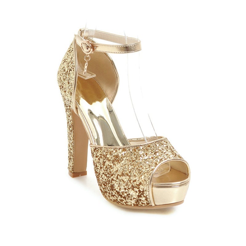 Fs502271 Fish Mouth All-Match Thick Heel Super High Heel Fashion Sequins 31-43 Bride Sandals - Image 5