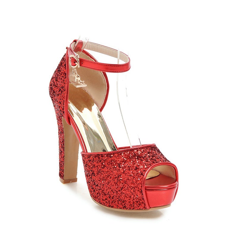 Fs502271 Fish Mouth All-Match Thick Heel Super High Heel Fashion Sequins 31-43 Bride Sandals - Image 2