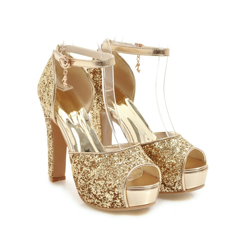 Fs502271 Fish Mouth All-Match Thick Heel Super High Heel Fashion Sequins 31-43 Bride Sandals - Image 1