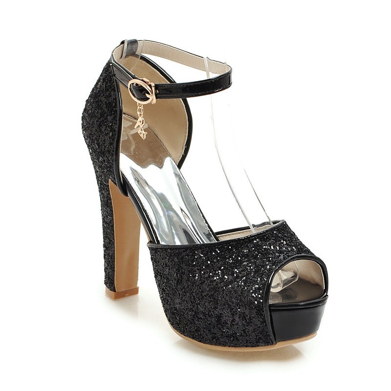 Fs502271 Fish Mouth All-Match Thick Heel Super High Heel Fashion Sequins 31-43 Bride Sandals - Image 3