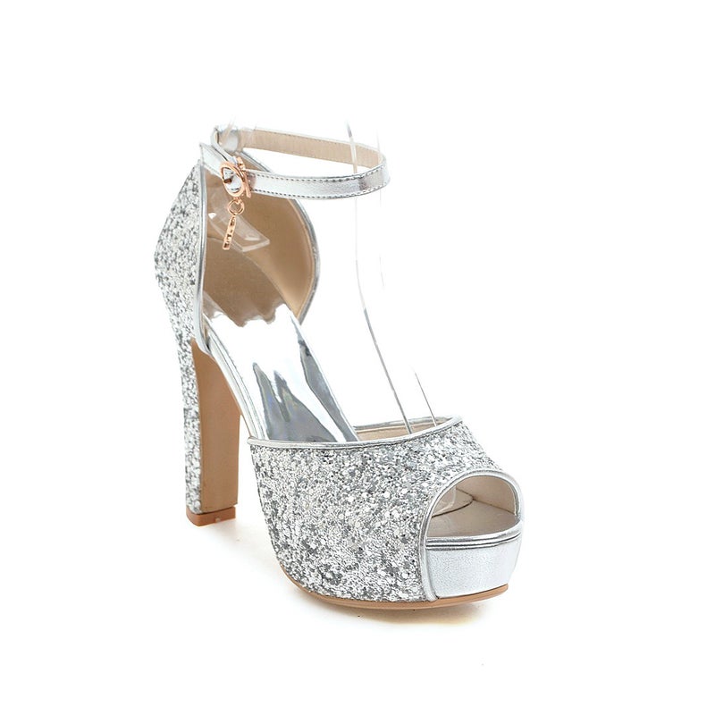 Fs502271 Fish Mouth All-Match Thick Heel Super High Heel Fashion Sequins 31-43 Bride Sandals - Image 4