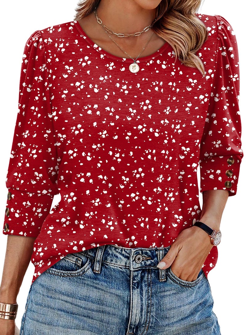 OFEEFAN Blouses for Women Dressy Casual 3/4 Length Sleeve Womens Tops Boho Business Work Cute Going Out Date Night Christmas Valentine's Day Shirts Red 2XL - Image 1