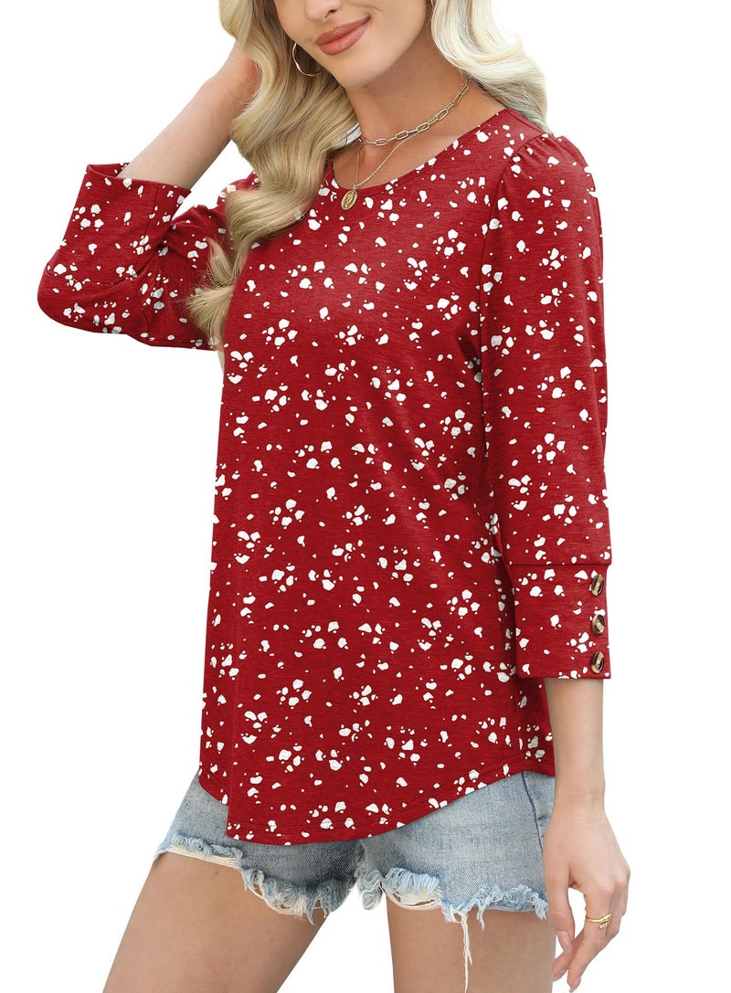 OFEEFAN Blouses for Women Dressy Casual 3/4 Length Sleeve Womens Tops Boho Business Work Cute Going Out Date Night Christmas Valentine's Day Shirts Red 2XL - Image 4