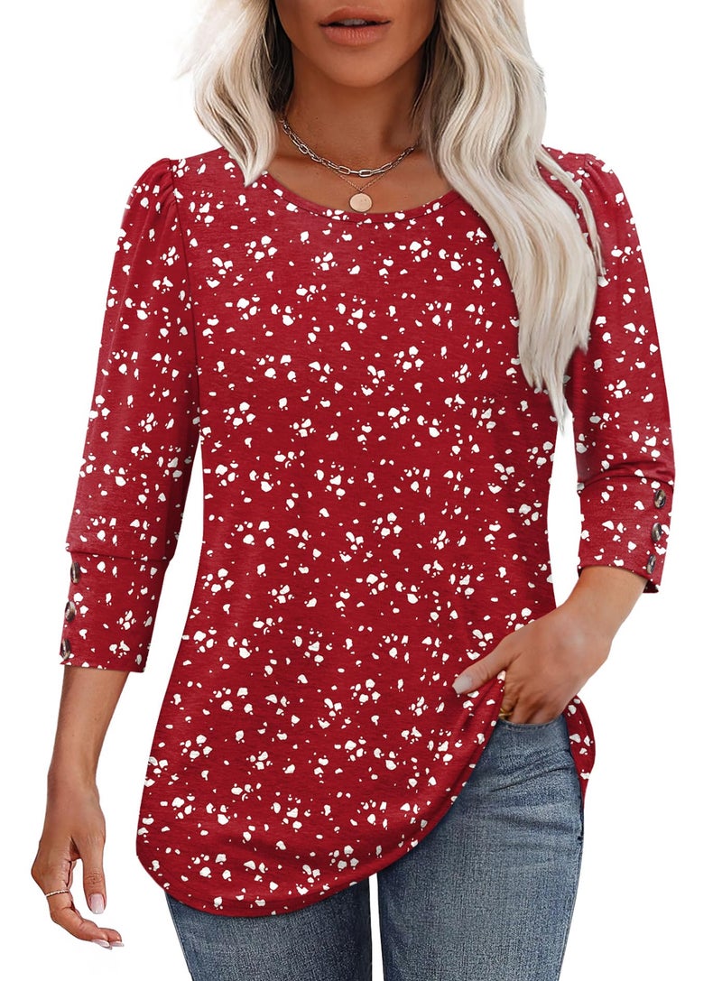 OFEEFAN Blouses for Women Dressy Casual 3/4 Length Sleeve Womens Tops Boho Business Work Cute Going Out Date Night Christmas Valentine's Day Shirts Red 2XL - Image 2
