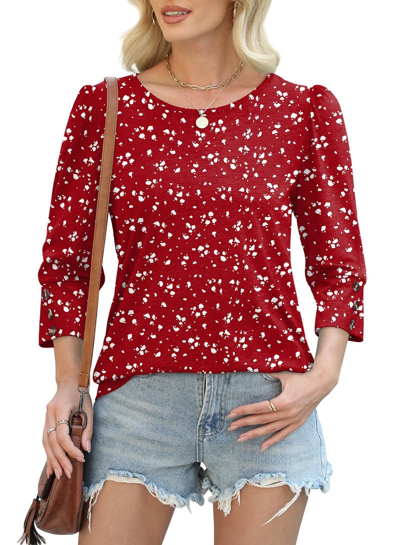 OFEEFAN Blouses for Women Dressy Casual 3/4 Length Sleeve Womens Tops Boho Business Work Cute Going Out Date Night Christmas Valentine's Day Shirts Red 2XL - Image 3