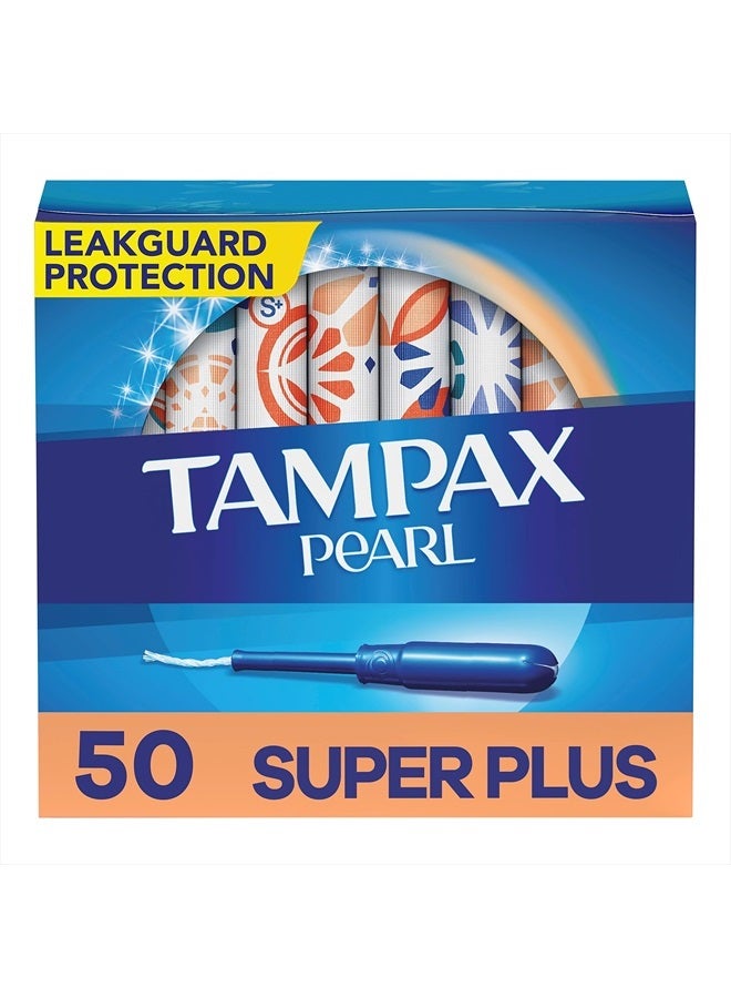Tampax Pearl Tampons Super Plus Absorbency, with Leakguard Braid, Unscented, 50 Count - Image 1