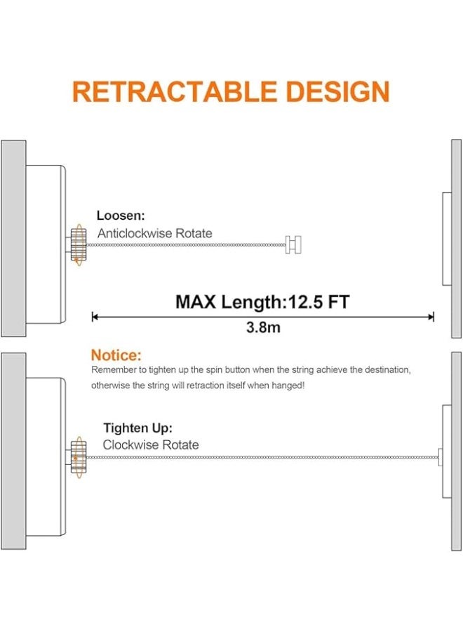 VITION 3.8m Clothesline, Wall Mounted Stainless Steel Clothes Laundry Line Dryer with Adjustable Steel Rope for Home Hotel Bathroom Indoor Outdoor - Silver - Image 3