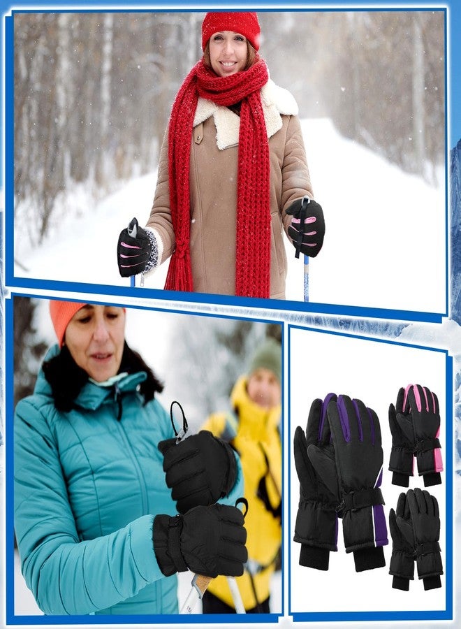 Tarpop 3 Pairs Mens Ski Gloves Winter Warm Women Gloves Adjustable Non Slip Snowboard Snow Waterproof Warm(F,Black,Purple,Pink) - Image 5