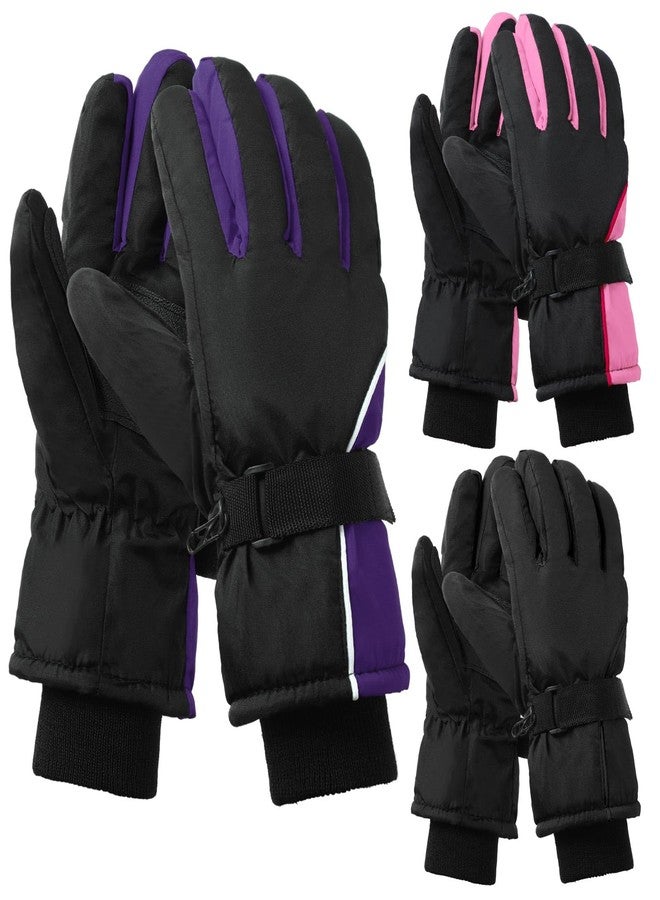 Tarpop 3 Pairs Mens Ski Gloves Winter Warm Women Gloves Adjustable Non Slip Snowboard Snow Waterproof Warm(F,Black,Purple,Pink) - Image 1