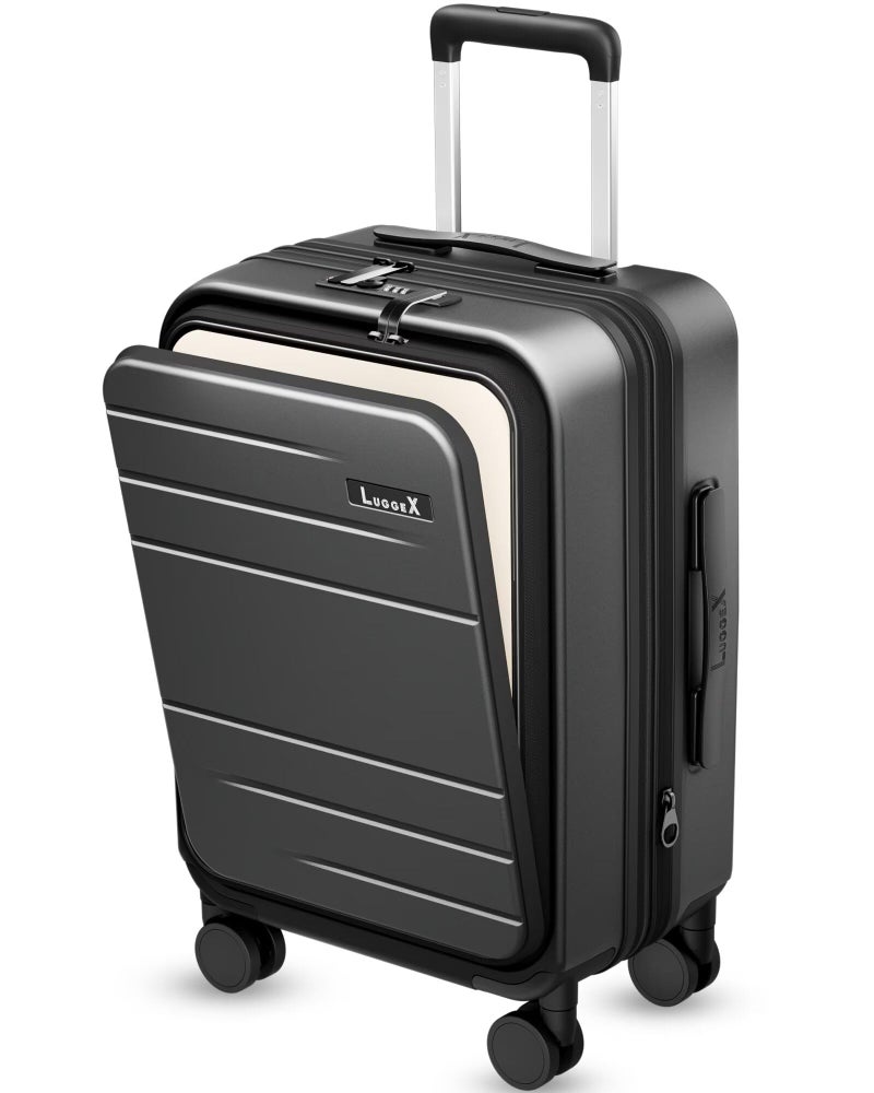 LUGGEX Carry On Luggage 22x14x9 Airline Approved, FLO5 Expandable Polycarbonate Suitcase with Front Pocket (FX-Core, Black, 20 Inch) - Image 1
