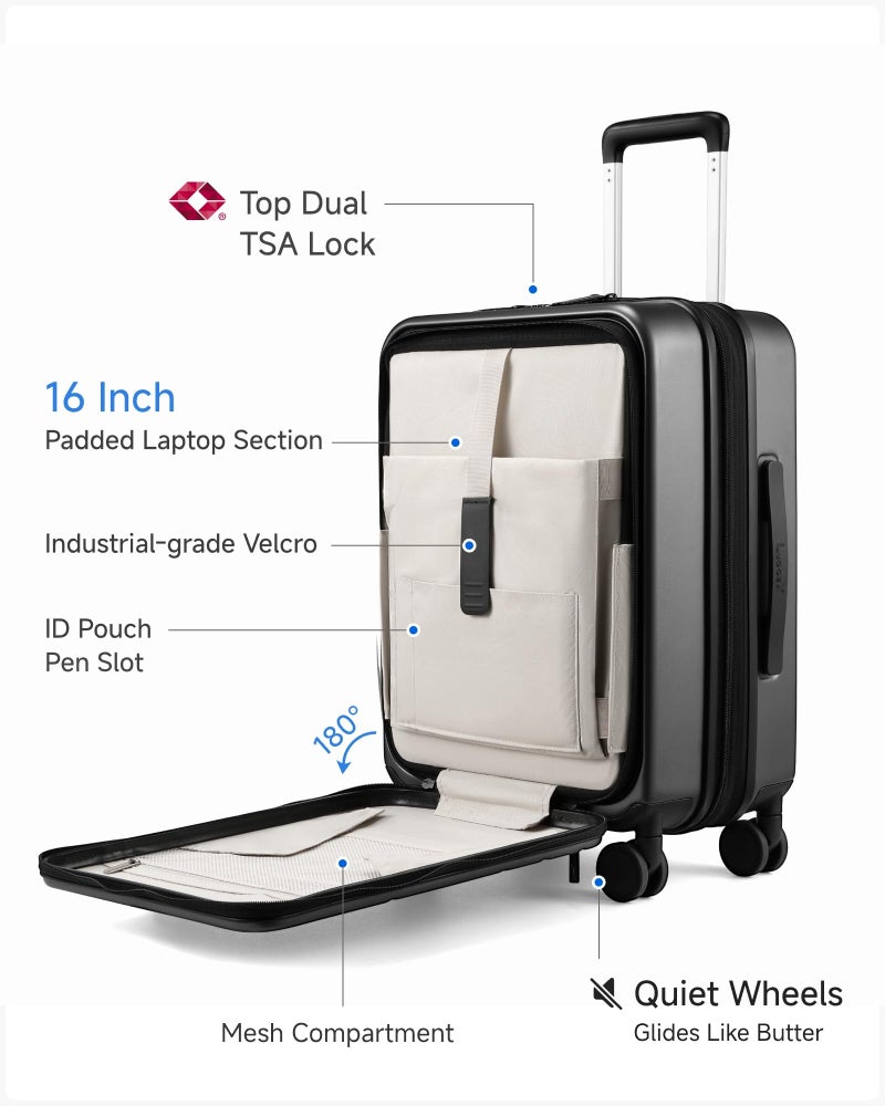LUGGEX Carry On Luggage 22x14x9 Airline Approved, FLO5 Expandable Polycarbonate Suitcase with Front Pocket (FX-Core, Black, 20 Inch) - Image 2