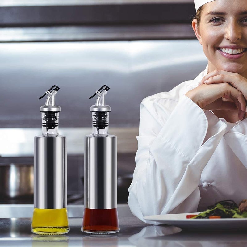 JIRLY Olive Oil and Vinegar Dispenser Bottle Set 2Pack 500ml Kitchen Oil Dispenser Glass Cooking Oil Dispenser with Steel Cover Seasoning Bottle. - Image 5