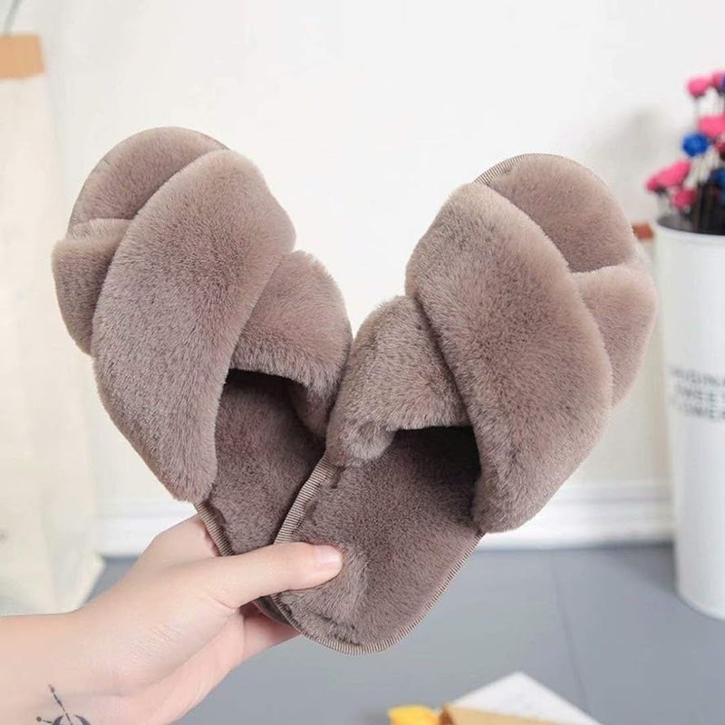 BLEQYS® Women Home Slippers Indoor Bedroom Room Carpet Comfortable Aesthetic Anti Skid Slip Soft Warm Cloth Woolen Winter House Slippers for Women Girls (CROSS-BROWN, 6.5) - Image 2
