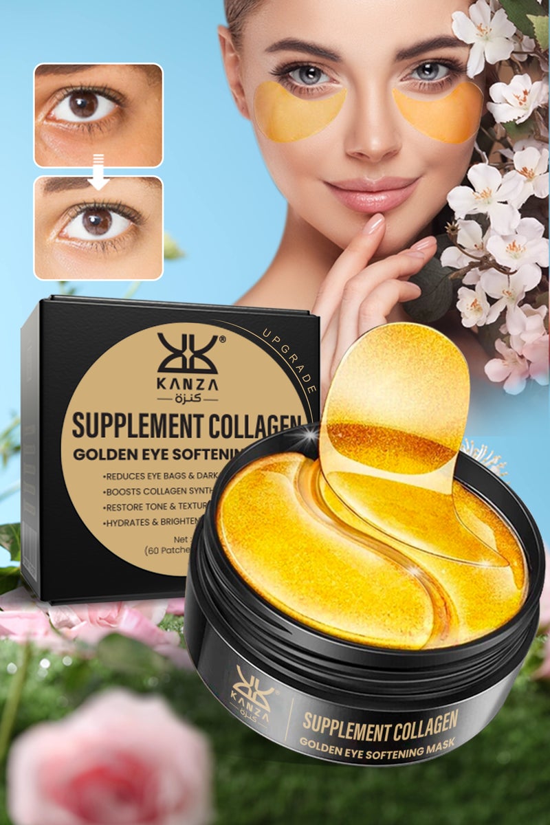 Kanza 60 Pcs Supplement Collagen Eye Mask (30 Pairs) Under Eye Pads for Eye Bags & Anti-Aging Treatment Reduces Dark Circles Puffiness Wrinkles with 24K Pure Gold Essence Eye Skin Lifting Patches  - Image 1