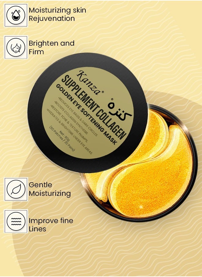 Kanza - 60 Pcs Supplement Collagen Eye Mask (30 Pairs) Under Eye Pads for Eye Bags & Anti-Aging Treatment Reduces Dark Circles Puffiness Wrinkles with 24K Pure Gold Essence Eye Skin Lifting Patches - Image 1
