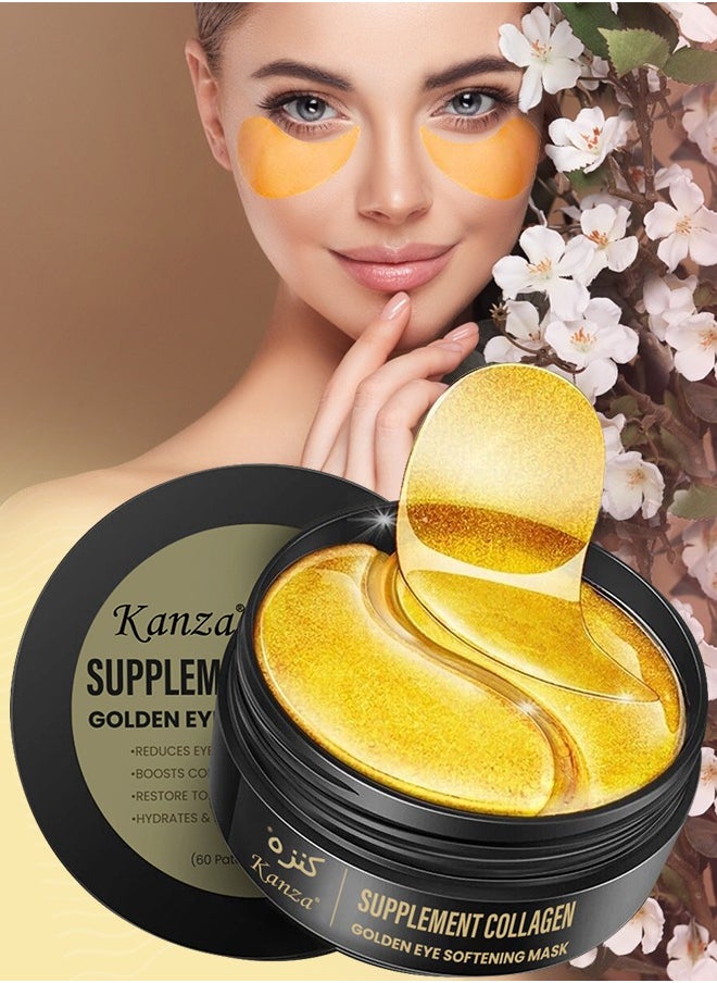 Kanza - 60 Pcs Supplement Collagen Eye Mask (30 Pairs) Under Eye Pads for Eye Bags & Anti-Aging Treatment Reduces Dark Circles Puffiness Wrinkles with 24K Pure Gold Essence Eye Skin Lifting Patches - Image 1