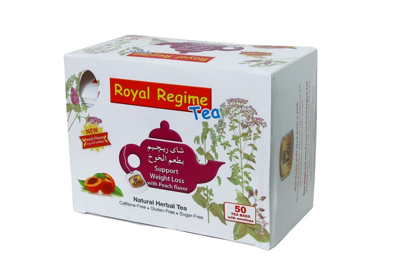 REGIME TEA شاي النظام الملكي - نكهة الخوخ الجديدة، نكهة طبيعية بالكامل، صفر سعرات حرارية - يحسن الأيض ويقلل من محيط الخصر، 100 جرام، عبوة من 50 كيس شاي (منتج من مصر) - Image 3