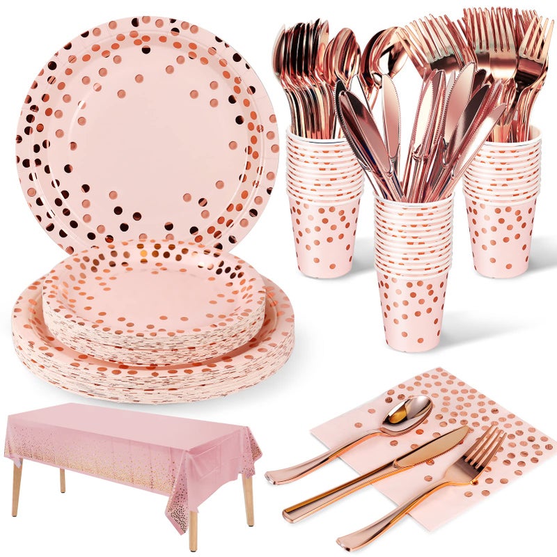 Nkaiso Pink and Rose Gold Party Tableware 141 Pieces Paper Supplies Set Includes Paper Plates Napkins Cups Reusable Cutlery for Shower Engagement Wedding Birthday 20 Guests