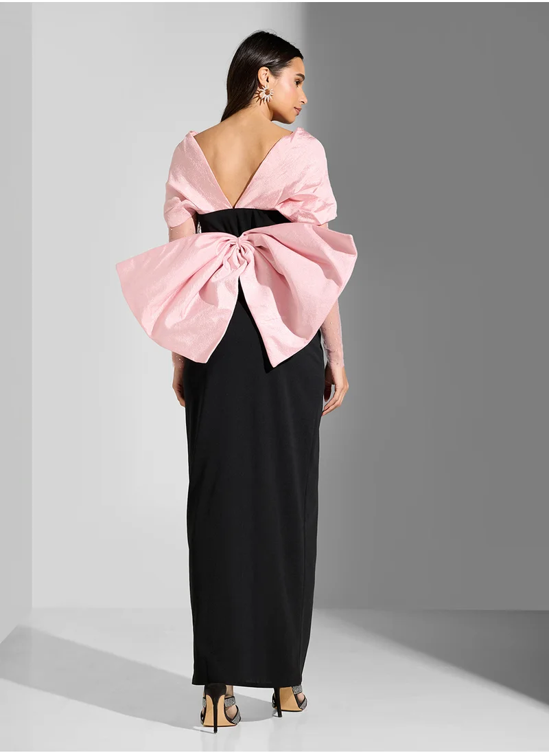Namshi x Two Toned Dress With Shimmer Sleeve & Back Bow