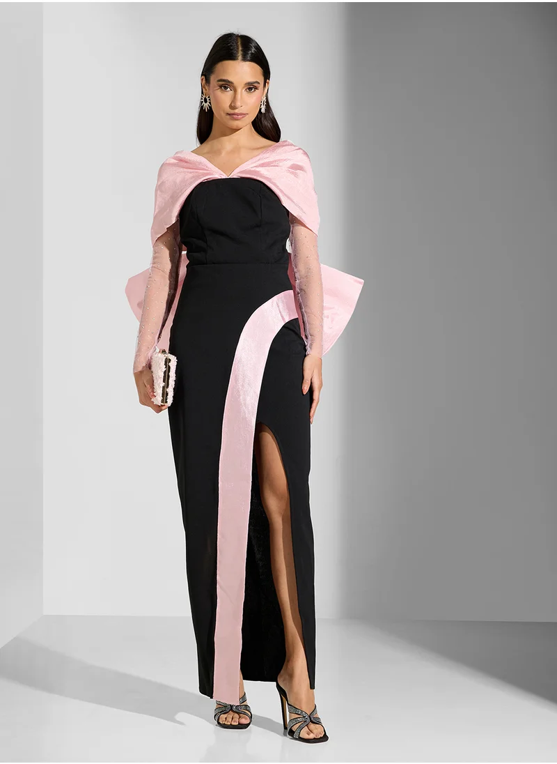 Namshi x Two Toned Dress With Shimmer Sleeve & Back Bow