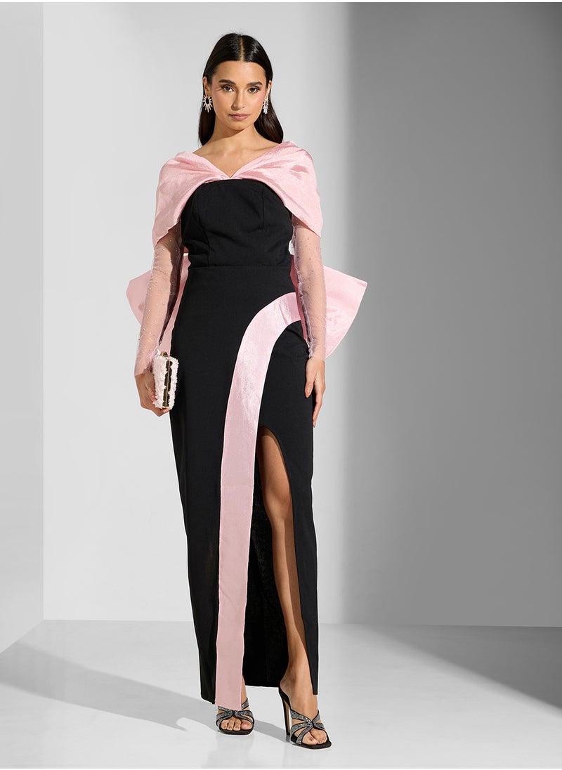 Namshi x Two Toned Dress With Shimmer Sleeve & Back Bow  - Image 1
