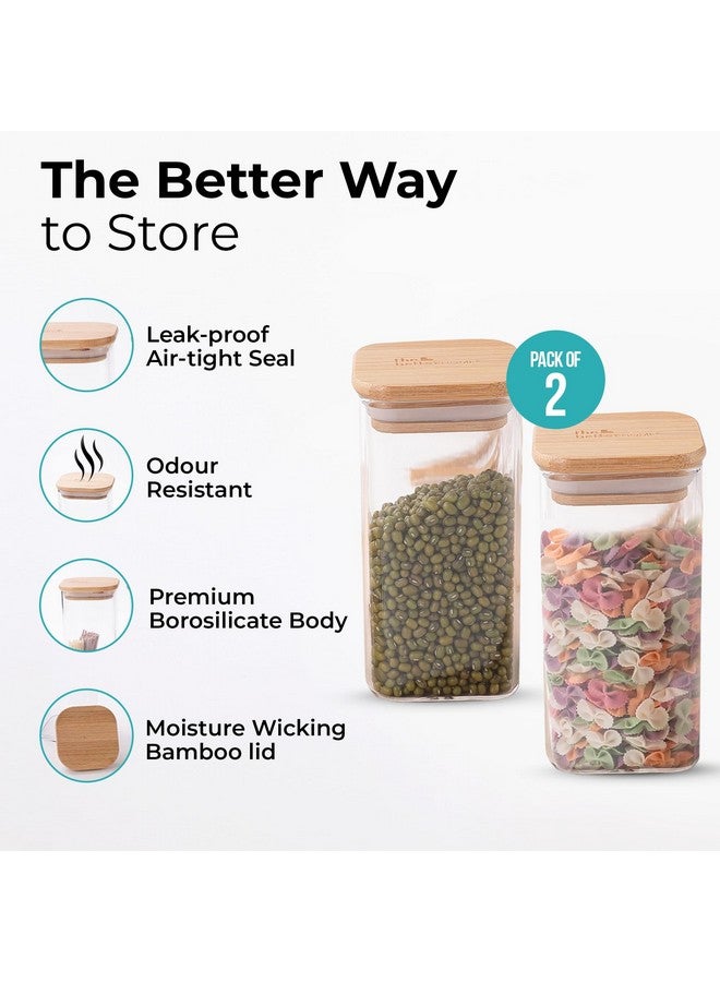 The Better Home جرار زجاجية من البورسليكات من ذا بيتر هوم مع غطاء من الخيزران | عبوة من 2-300 مل لكل منها | جرار توابل مستطيلة | مجموعة حاويات مطبخ زجاجية محكمة الإغلاق من البورسليكات | جرار زجاجية للتوابل، الفواكه المجففة، السكر، الملح - Image 2