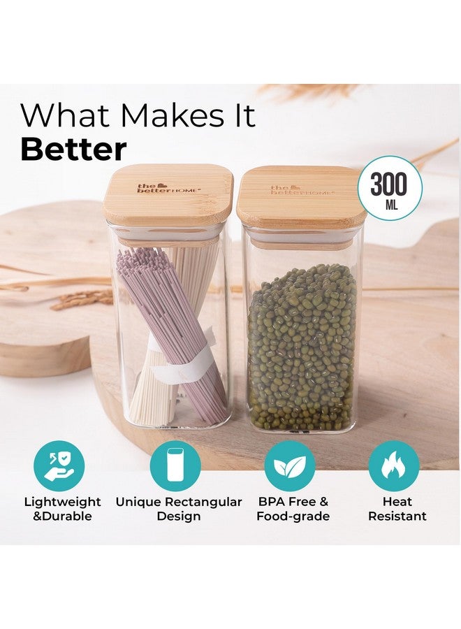 The Better Home جرار زجاجية من البورسليكات من ذا بيتر هوم مع غطاء من الخيزران | عبوة من 2-300 مل لكل منها | جرار توابل مستطيلة | مجموعة حاويات مطبخ زجاجية محكمة الإغلاق من البورسليكات | جرار زجاجية للتوابل، الفواكه المجففة، السكر، الملح - Image 3