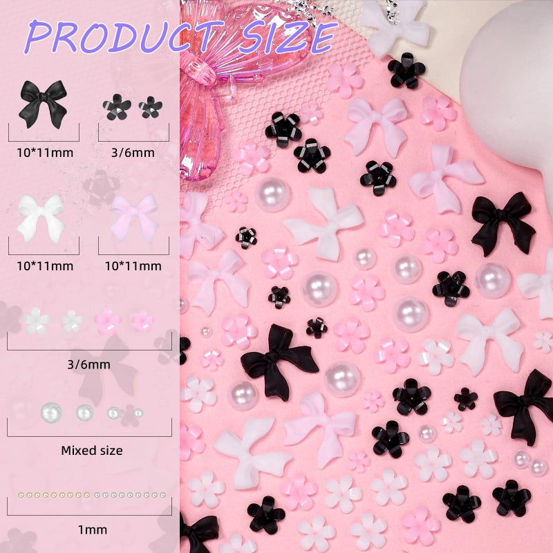 Uotey 3D Bow Nail Charms and Gems, Pink Black Bows Flower Nail Art Charms Alloy Bows for Nails, Mixed Nail Gems Rhinestones Bowknots Caviar Beads Charms for Nails DIY Nail Art Accessories - Image 3