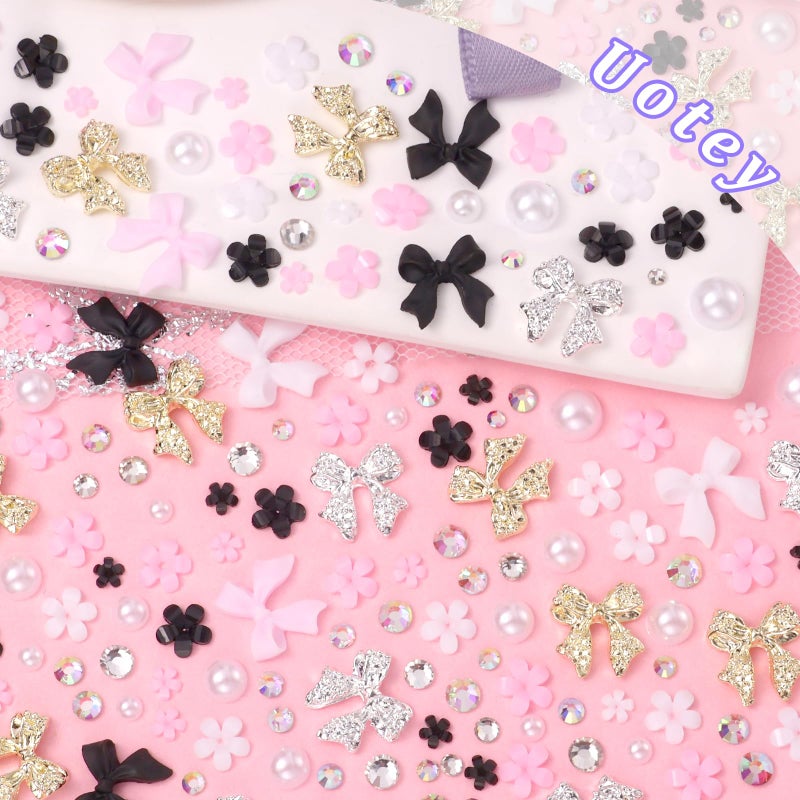 Uotey 3D Bow Nail Charms and Gems, Pink Black Bows Flower Nail Art Charms Alloy Bows for Nails, Mixed Nail Gems Rhinestones Bowknots Caviar Beads Charms for Nails DIY Nail Art Accessories - Image 2