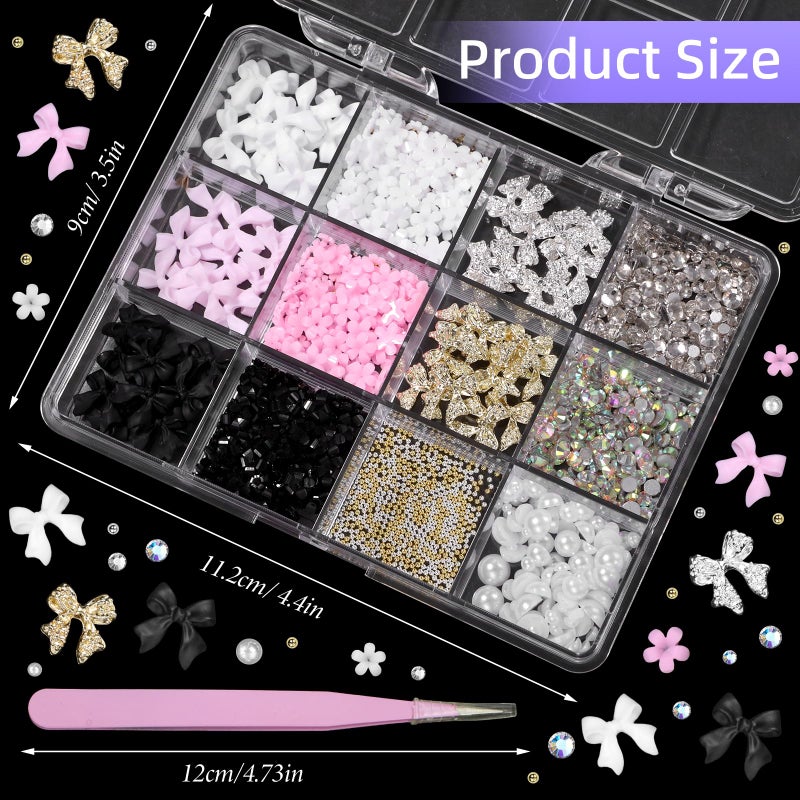Uotey 3D Bow Nail Charms and Gems, Pink Black Bows Flower Nail Art Charms Alloy Bows for Nails, Mixed Nail Gems Rhinestones Bowknots Caviar Beads Charms for Nails DIY Nail Art Accessories - Image 5